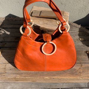 Retro Bucket Bag Small tote Orange smooth leather Faux Bamboo Rings - Adrienne V